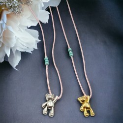 Κολιέ Αρκουδάκι "Little Bear" από Ατσάλι 316L σε Ασημένιο ή Χρυσό, Κορδόνι με Αυξομείωση σε Διάφορα Χρώματα και Τιρκουάζ Λεπτομέρειες 