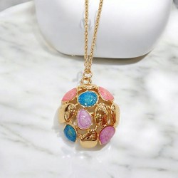 Κολιέ Αυγό από σμάλτο τυρκουάζ και ροζ με μακριά αλυσίδα από ατσάλι 316L σε χρυσό