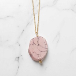 Κολιέ με πέτρα χαολίτης ροζ με μακριά αλυσίδα ατσάλινη L316 
