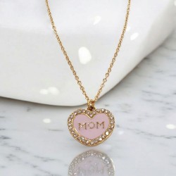 Κολιέ μαμά καρδιά με σμάλτο ροζ και ζιργκόν λευκά από ατσάλι L316 με αλυσίδα και προέκταση στο κούμπωμα