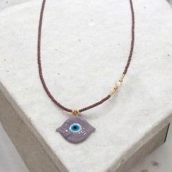 Κολιέ με μάτι μωβ  με πετρούλες μωβ αμέθυστος από ατσάλι L316 με προέκταση στο κούμπωμα