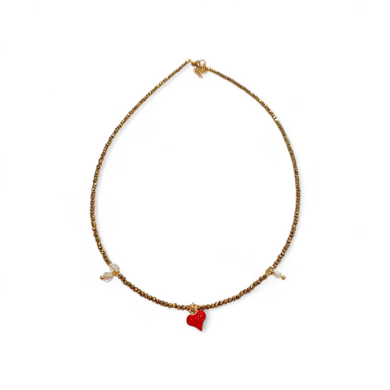 Κολιέ καρδιά με πετρες κόκκινες και αιματίτη χρυσό
