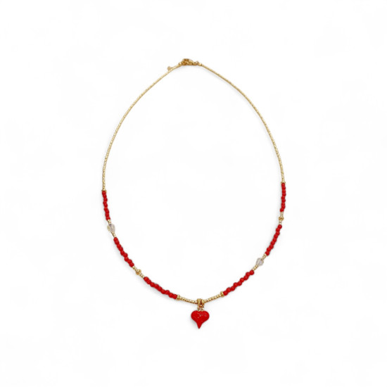 Κολιέ καρδιά με πετρες κόκκινες και αιματίτη χρυσό