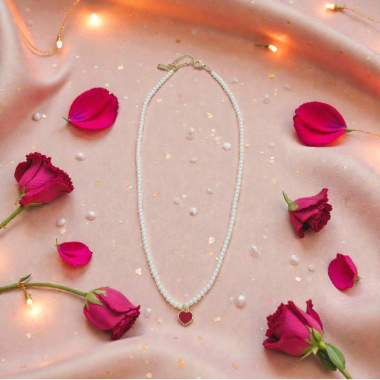 Diaxeirinis "Be My Valentine" Κολιέ χειροποίητο με καρδούλα κόκκινη με πέρλες με χρυσές λεπτομέρειες 