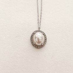 Κολιέ  πέρλα και ζιργκόν από ατσάλι 316L σε ασημένιο χρώμα και προέκταση στο κούμπωμα 