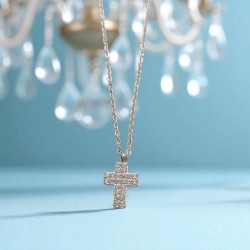 Κολιέ με σταυρό από ατσάλι 316L σε ασημένιο χρώμα με λευκά ζιργκόν 