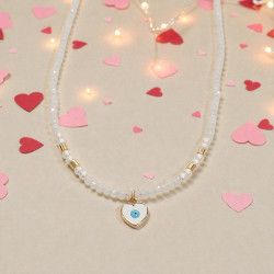 Diaxeirinis "Be My Valentine" Κολιέ χειροποίητο με καρδούλα με ματάκι, λευκό κρύσταλλο και πέρλες με χρυσές λεπτομέρειες 