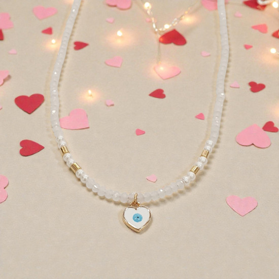 Diaxeirinis "Be My Valentine" Κολιέ χειροποίητο με καρδούλα με ματάκι, λευκό κρύσταλλο και πέρλες με χρυσές λεπτομέρειες 