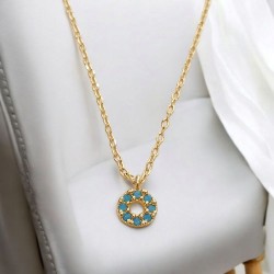 Κολιέ κύκλος κοντό ασημένιο επίχρυσο 925 με τυρκουάζ ζιργκόν 