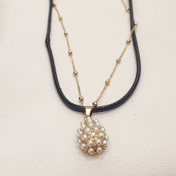 Κολιέ διπλό με δέρμα και αλυσίδα από ατσάλι 316L με μικρές πέρλες 