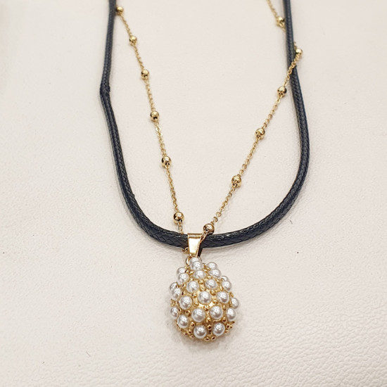 Κολιέ διπλό με δέρμα και αλυσίδα από ατσάλι 316L με μικρές πέρλες 