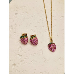 Σετ " brighter strawberry  gold" κολιέ και σκουλαρίκια φράουλα  σε  ροζ χρώμα από ατσάλι L316 σε χρυσό χρώμα