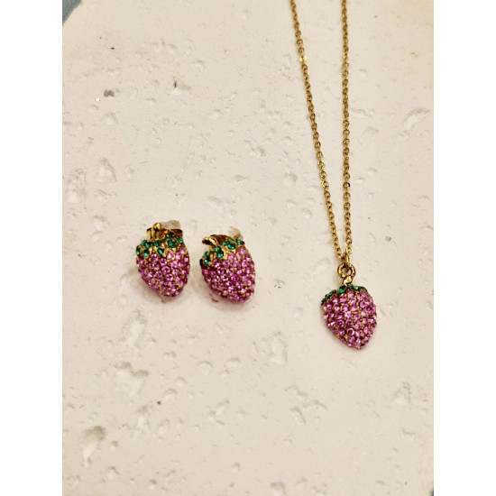 Σετ " brighter strawberry  gold" κολιέ και σκουλαρίκια φράουλα  σε  ροζ χρώμα από ατσάλι L316 σε χρυσό χρώμα