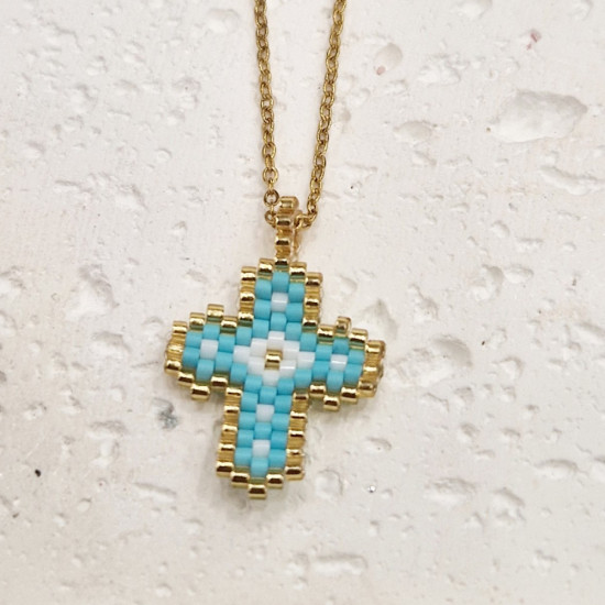 Κολιέ σταυρός mikyki σε χρώμα τυρκουάζ από ατσάλι L316 