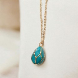 Κολιέ Αυγό βυζαντινό τυρκουάζ με μακριά αλυσίδα ατσάλινη L316  σε χρυσό χρώμα