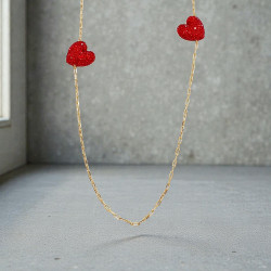 Diaxeirinis "Be My Valentine" Κολιέ με καρδιές διπλές με γκλίτερ και αλυσίδα από ατσάλι L316 σε χρυσό χρώμα 