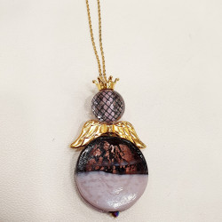 Κολιέ Αγγελάκι μακρύ με πέτρες murano και κρύσταλλο σε αποχρώσεις του μωβ