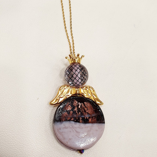 Κολιέ Αγγελάκι μακρύ με πέτρες murano και κρύσταλλο σε αποχρώσεις του μωβ