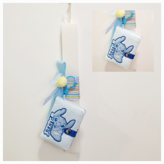 Λαμπάδα αρωματική Stitch με σημειωματάριο γαλάζιο και pom pom κίτρινο 