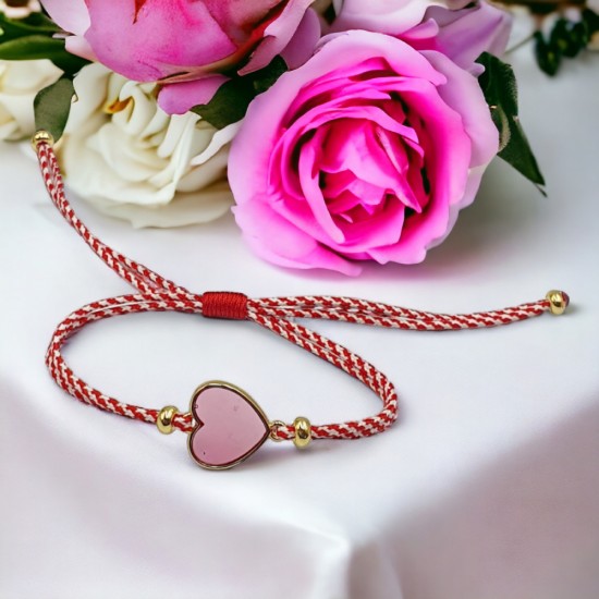 Χειροποίητο Μαρτάκι Καρδιά Βιτρώ σε Επίχρυσο και με Ροζ / Κρεμ Σμάτλο 