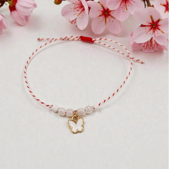 Βραχιόλι Μάρτης με πεταλούδα λευκή και αυξομείωση στο κούμπωμα