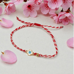 Βραχιόλι Μάρτης σταυρός λευκός με λευκό σμάλτο και ματάκι και αυξομείωση στο κούμπωμα 