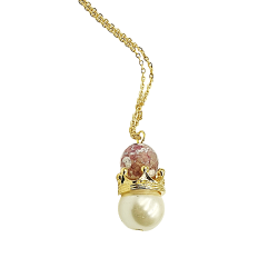 Κολιέ Χειροποίητο μακρύ κορώνα χρυσή με πέρλα και πολύτιμο λίθο αχάτη ροζ και αλυσίδα από ατσάλι L316