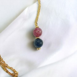 Κολιέ χειροποίητο μακρύ με πολύτιμους λίθους αχάτης κόκκινος με μαύρο όνυχα και αλυσίδα από ατσάλι L316