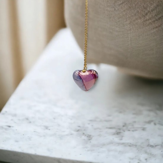 Κολιέ Μακρύ με mini κεραμική καρδιά με μωβ και ροζ νερά και Αλυσίδα από Ανοξείδωτο Ατσάλι L316