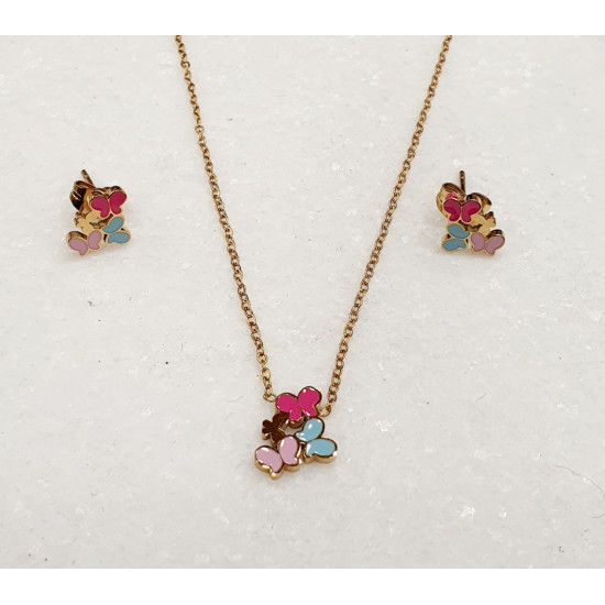 Σετ παιδικά κοσμήματα με σκουλαρίκια και κολιέ Butterfly Colors από ατσάλι L316 σε χρυσό χρώμα