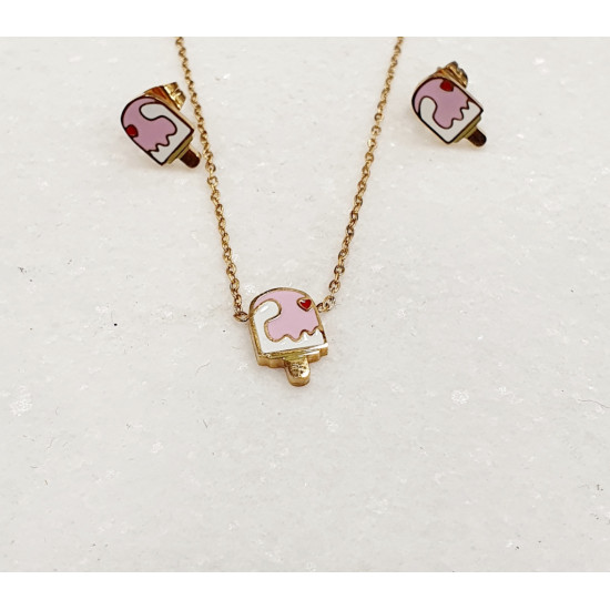 Σετ παιδικά κοσμήματα με σκουλαρίκια και κολιέ Ice Cream από ατσάλι L316 σε χρώμα χρυσό με σμάλτο 