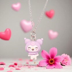 Κολιέ Kuromi μωβ με ατσάλινη αλυσίδα 316L σε ασημένιο χρώμα 