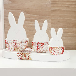 Διακοσμητικός λαγός άσπρος σε αυγό με πινελιές χρυσού με πιατέλα οβάλ Σετ 3 τεμαχίων