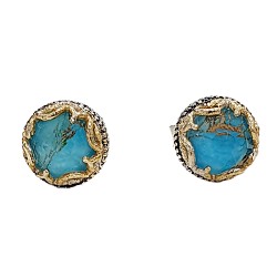 Σκουλαρίκι με πέτρα cooper τιρκουάζ βυζαντινό  με καρφάκι στο κούμπωμα ασημένιο 925 με λεπτομέρειες χρυσές