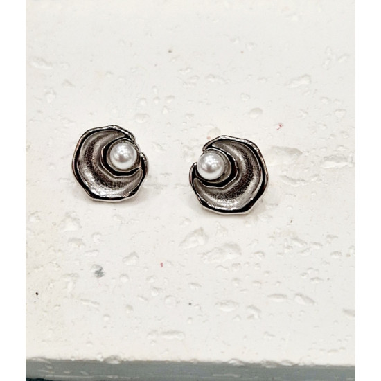 Σκουλαρίκια με πέρλα και ζιργκόν από ατσάλι L316  σε χρώμα ασημένιο