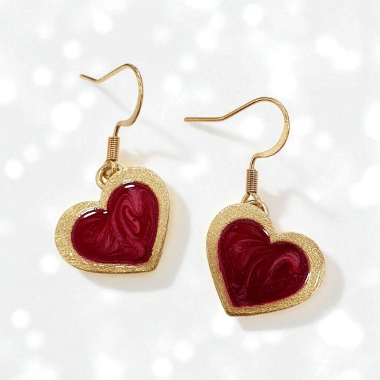 Σκουλαρίκια κρεμαστά με σμάλτο καρδιά μπορντό 