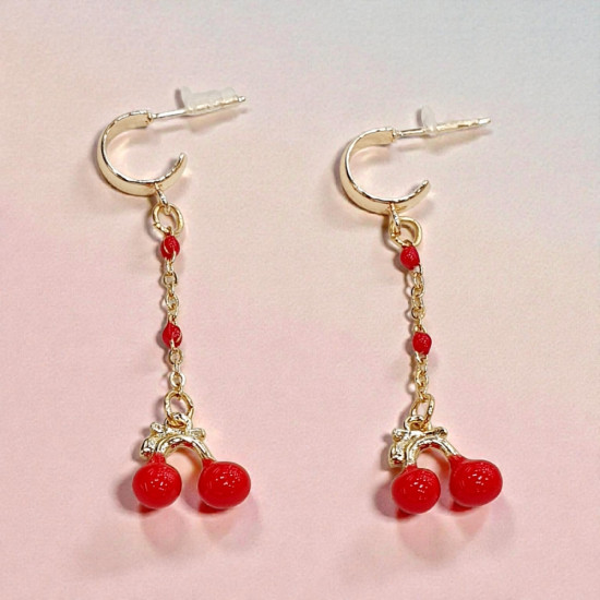 Σκουλαρίκια κερασάκια σε κόκκινο από ατσάλι από ατσάλι 316L σε χρυσό χρώμα