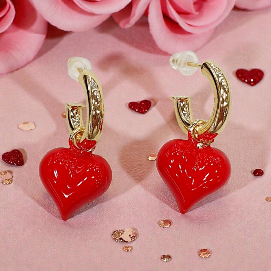Σκουλαρίκια καρδιές κόκκινες με κρίκο σε χρυσό χρώμα από ατσάλι 316L