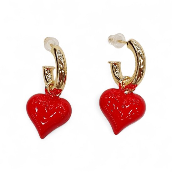 Σκουλαρίκια καρδιές κόκκινες με κρίκο σε χρυσό χρώμα από ατσάλι 316L