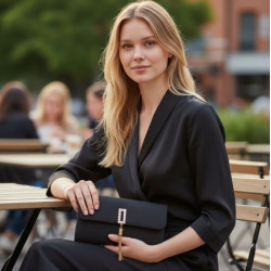 Τσαντάκι φάκελος μαύρο σατέν με λεπτομέρεια χρυσή και αλυσιδάκι