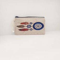 Τσαντάκι πορτοφόλι χειροποίητο υφαντό με μοτίφ ονειροπαγίδα & φερμουάρ 