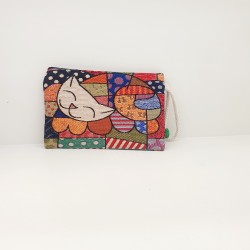 Τσαντάκι πορτοφόλι χειροποίητο υφαντό με μοτίφ γάτα & φερμουάρ 