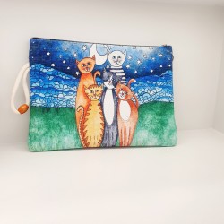 Τσαντάκι φάκελος υφαντό χειροποίητο με μοτιφ γάτες με φερμουάρ 