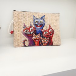Τσαντάκι φάκελος υφαντό χειροποίητο με μοτιφ γάτες με φερμουάρ 