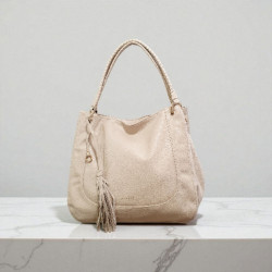 Τσάντα ώμου μπεζ σουέτ με δέρμα