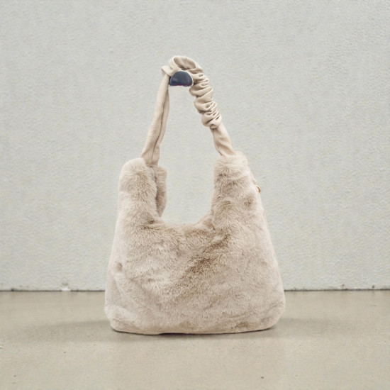 Τσάντα γούνα μπεζ ώμου με φερμουάρ