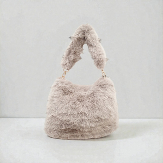 Τσάντα ώμου γούνα γκρι με φερμουάρ