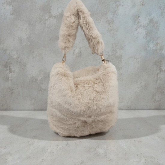 Τσάντα ώμου γούνα μπεζ με φερμουάρ