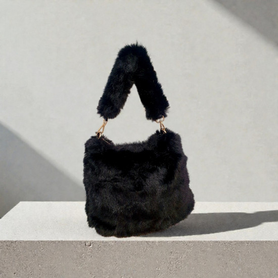 Τσάντα ώμου γούνα μαύρη με φερμουάρ