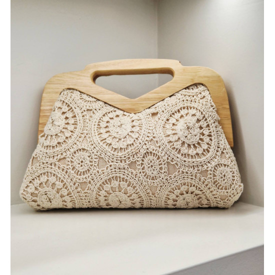 Τσάντα  δαντέλα με χέρι clutch και ξύλο σε χρώμα μπεζ 